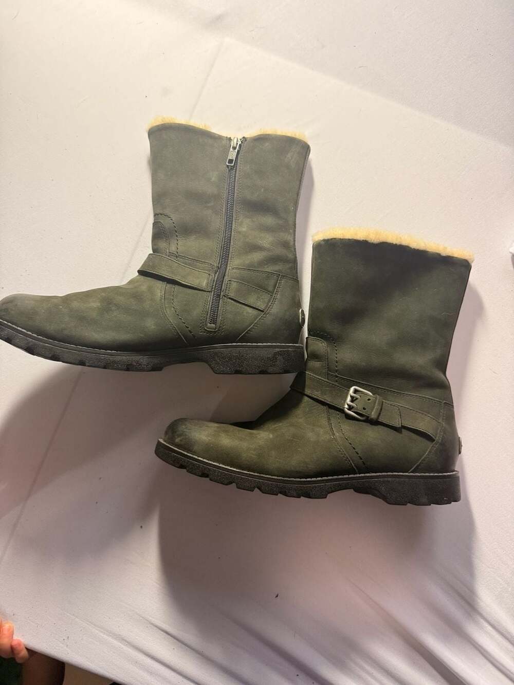 UGG Chantay Leather Shearling-Lined Moto Boots in Dark Green